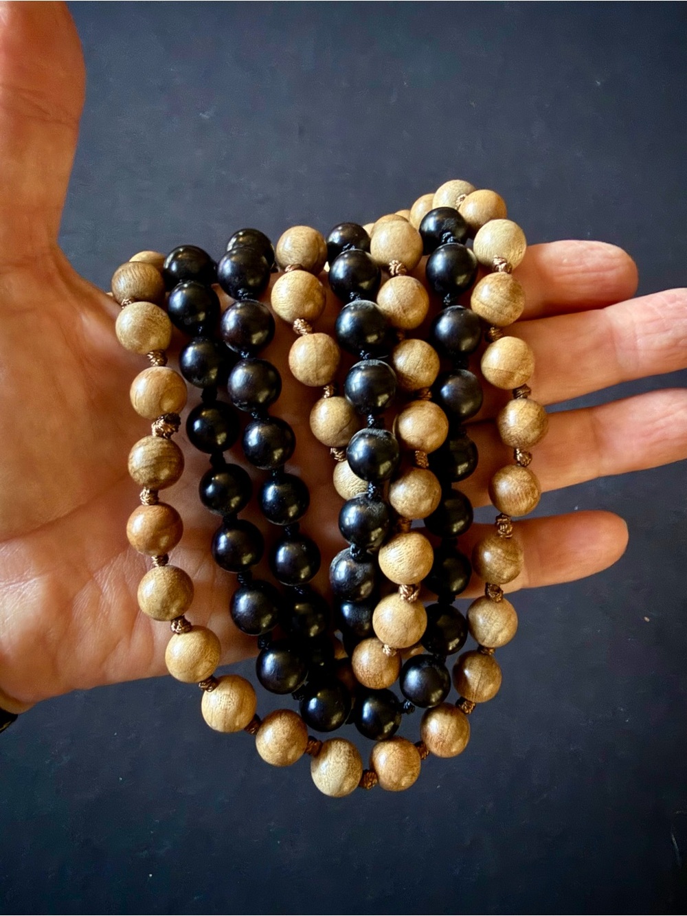 Two Natural Wood and Black Bead Necklaces